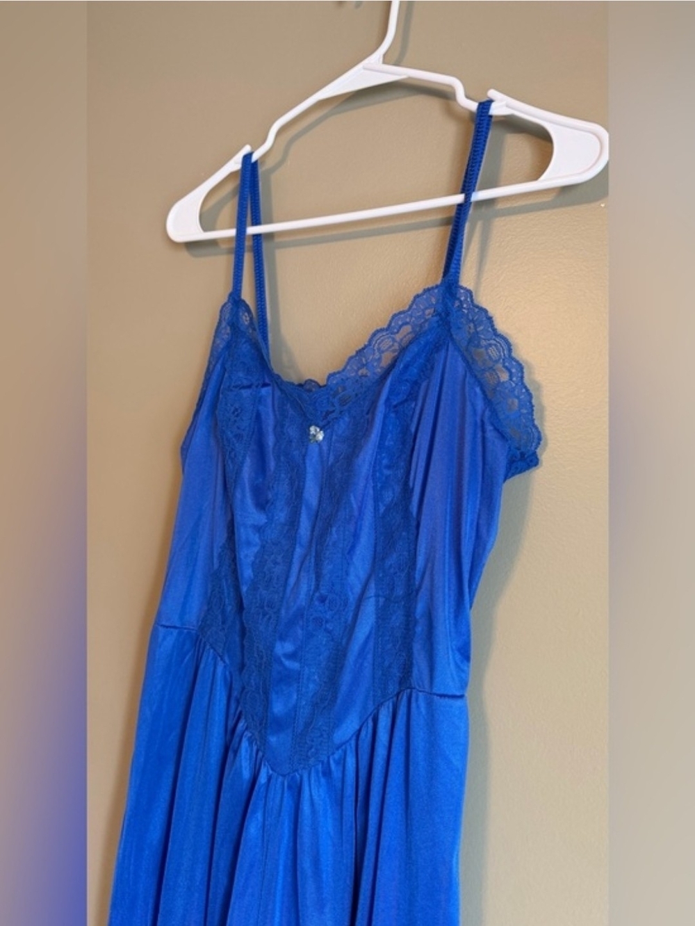 Vintage 80s Lady Cameo Royal Blue Nylon Lace Lounge Jumpsuit M - Picture 4 of 10